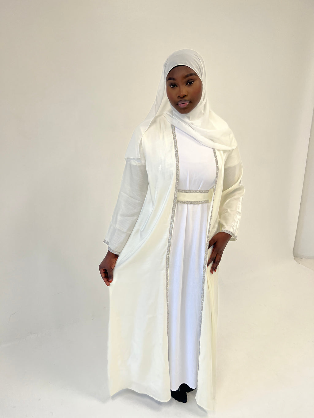 Crystalline Cream Satin Abaya 4pc set