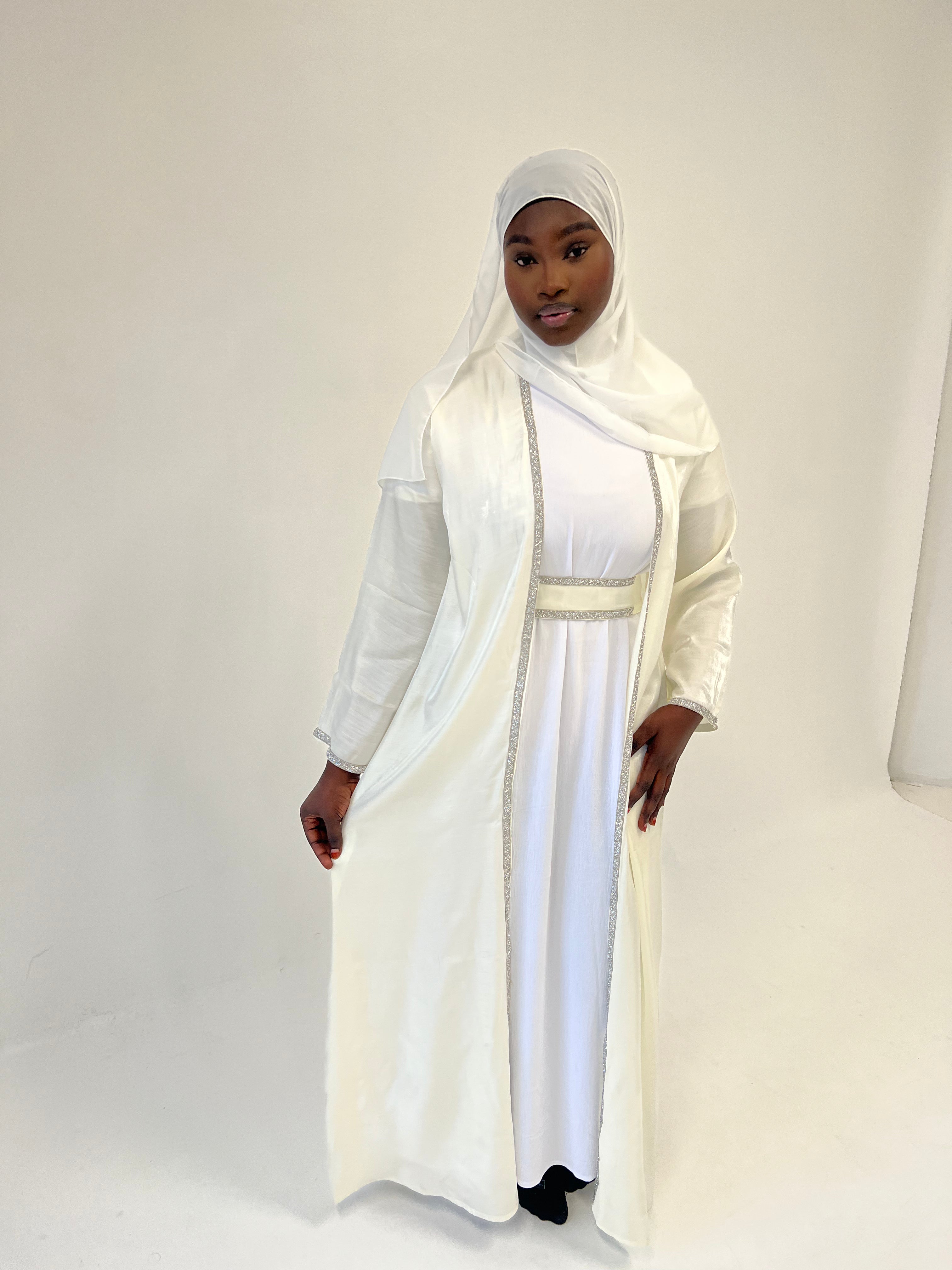 Crystalline Cream Satin Abaya 4pc set