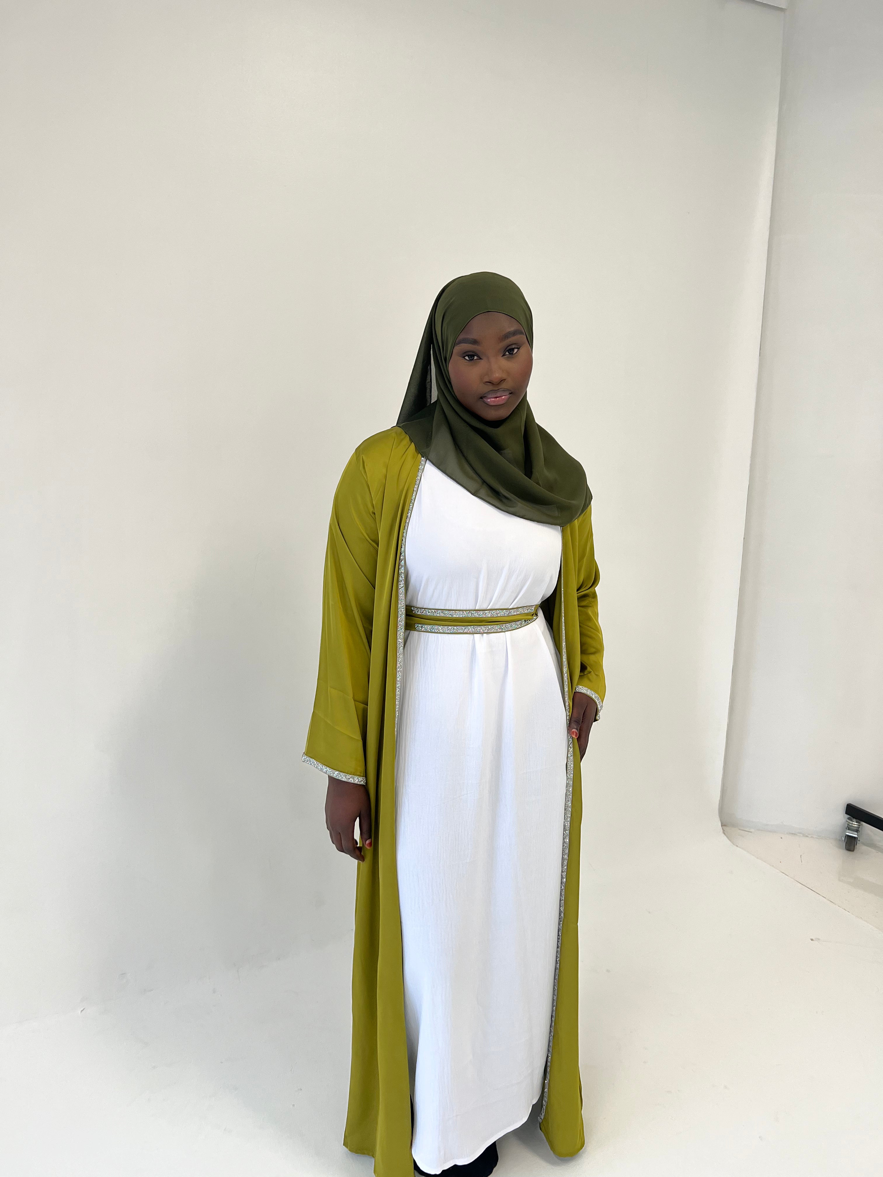 Crystalline Green Satin Abaya 4pc Set