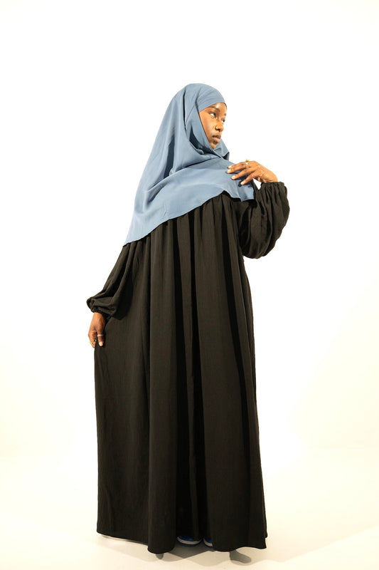 Crinkle Puff Sleeve Black Abaya