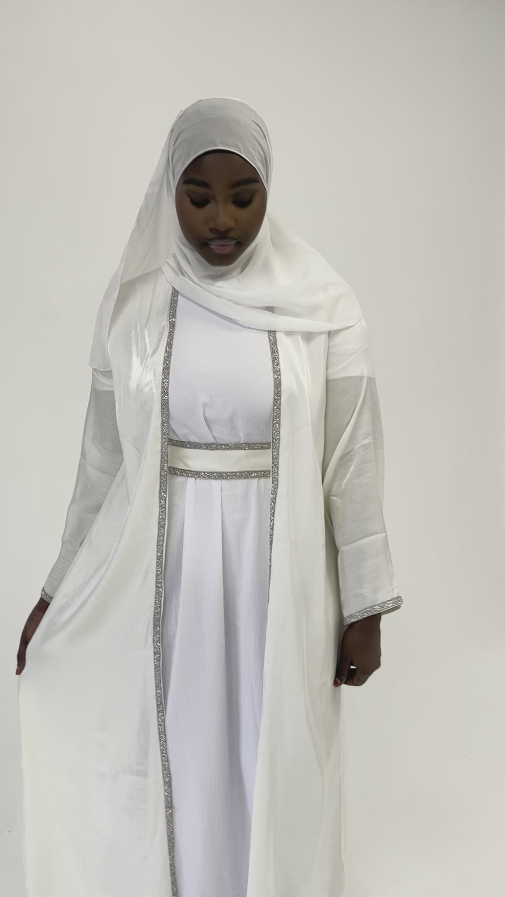 Crystalline Cream Satin Abaya 4pc set