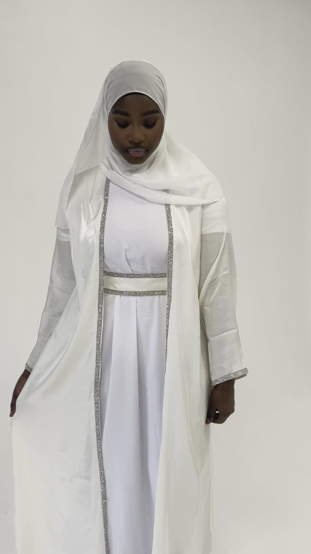 Crystalline Cream Satin Abaya 4pc set