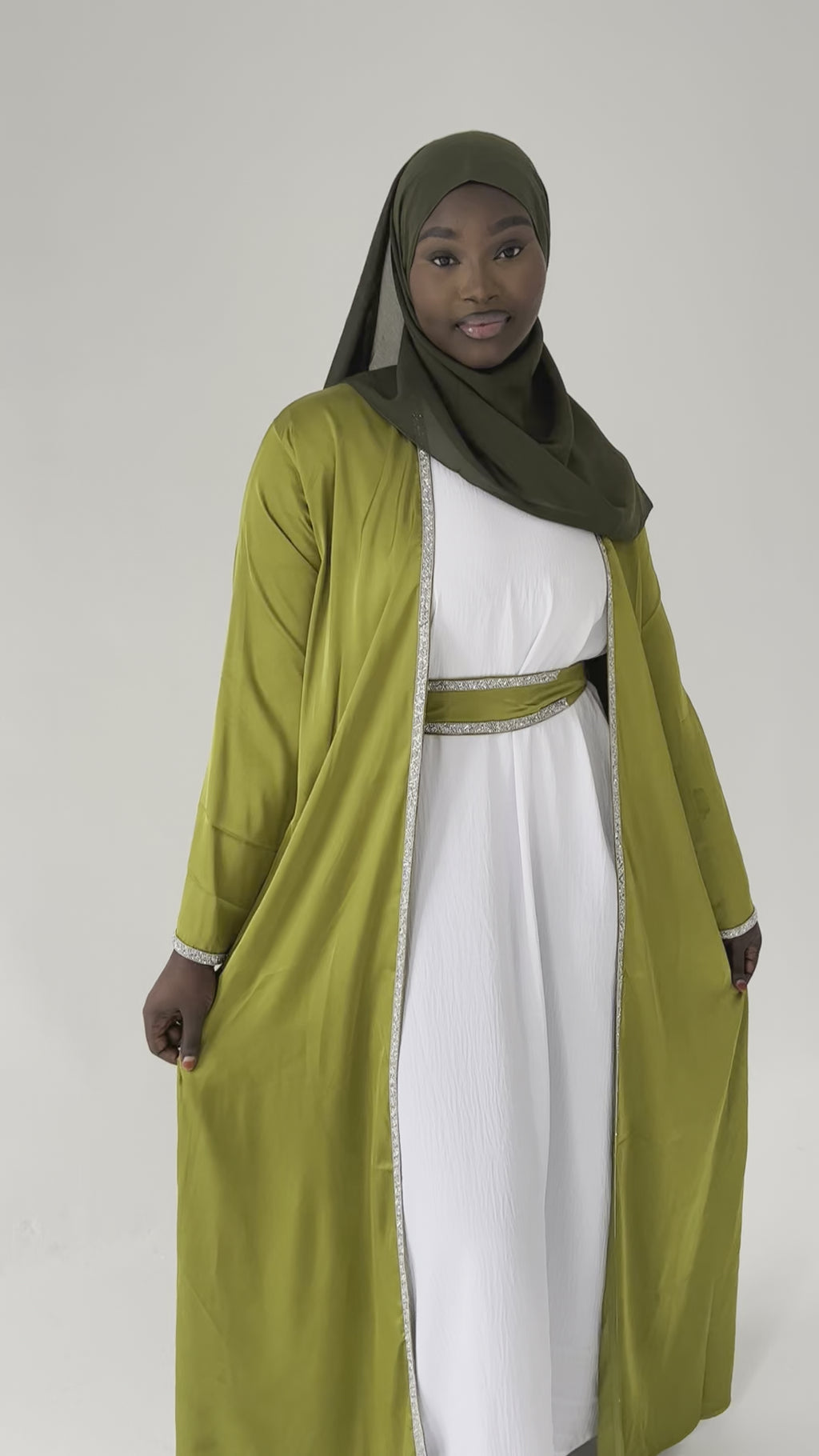 Crystalline Green Satin Abaya 4pc Set
