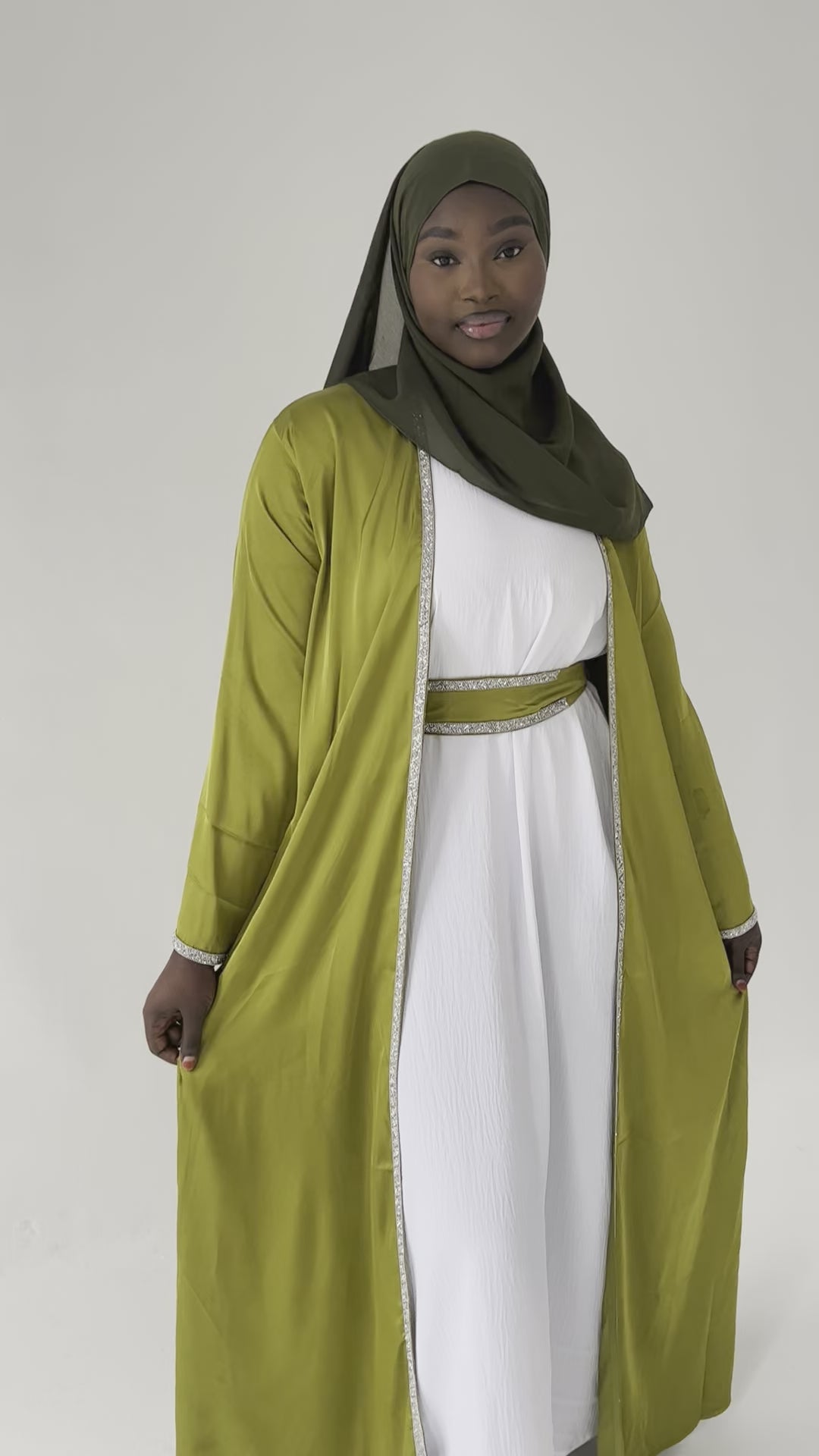 Crystalline Green Satin Abaya 4pc Set